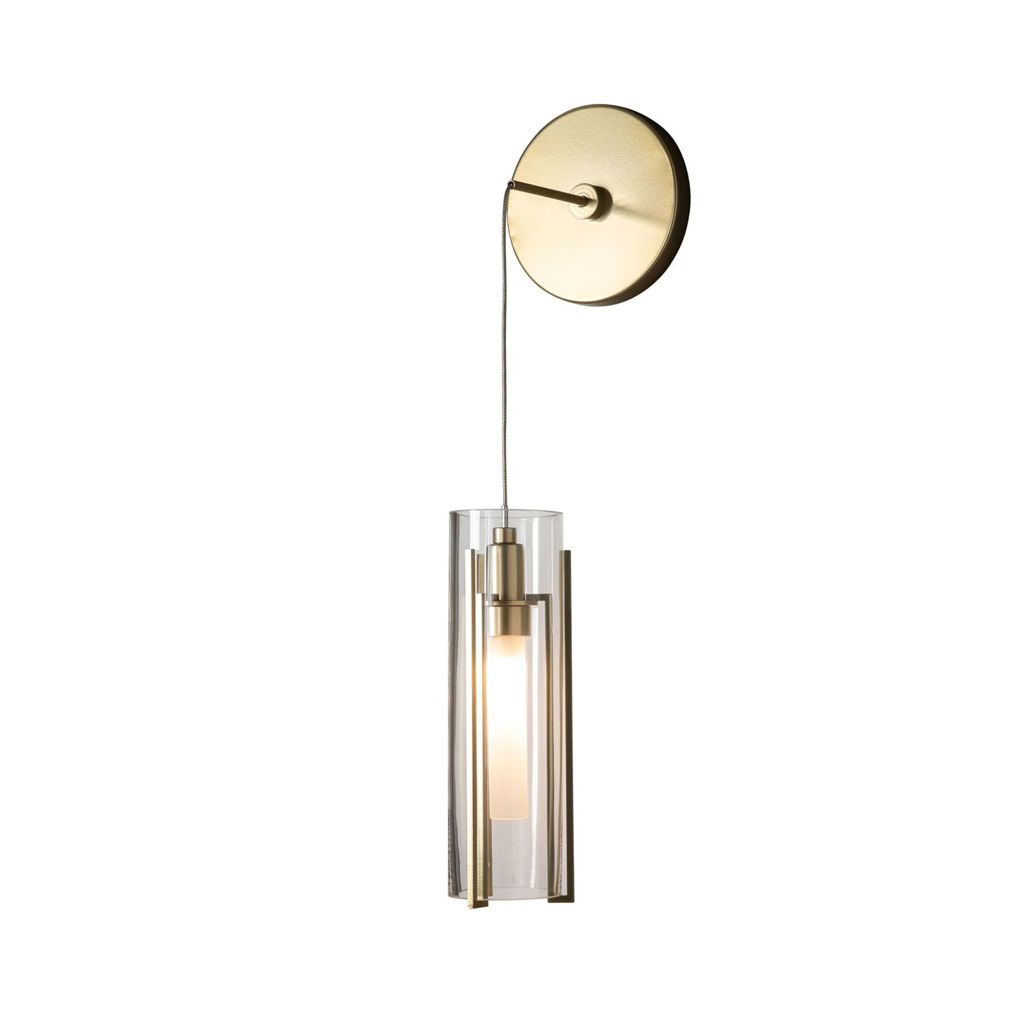 Exos Mini Low Voltage LED Wall Light in Modern Brass/Clear Glass.