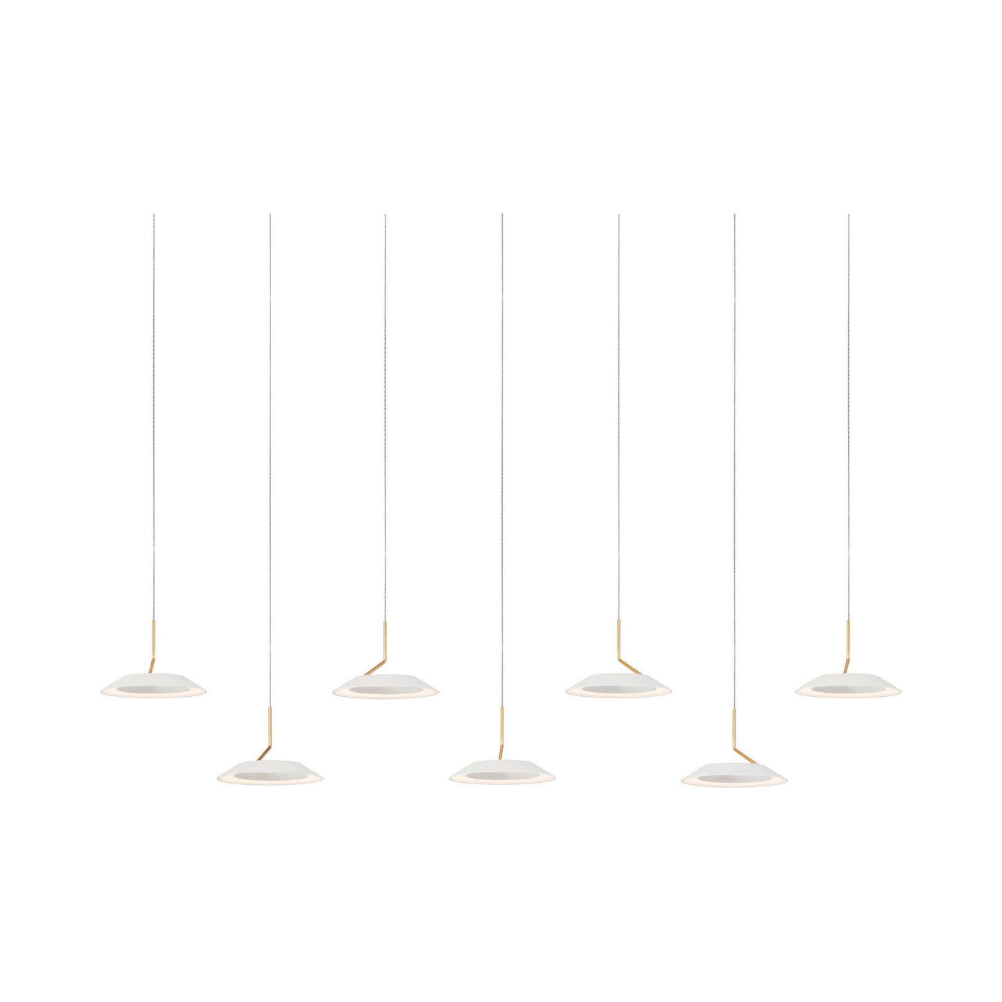 Royyo LED Linear Pendant Light in 7-Light/Matte White with Gold accent.