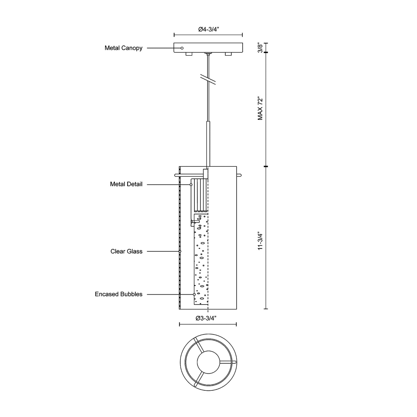 Champagne LED Pendant Light - line drawing.