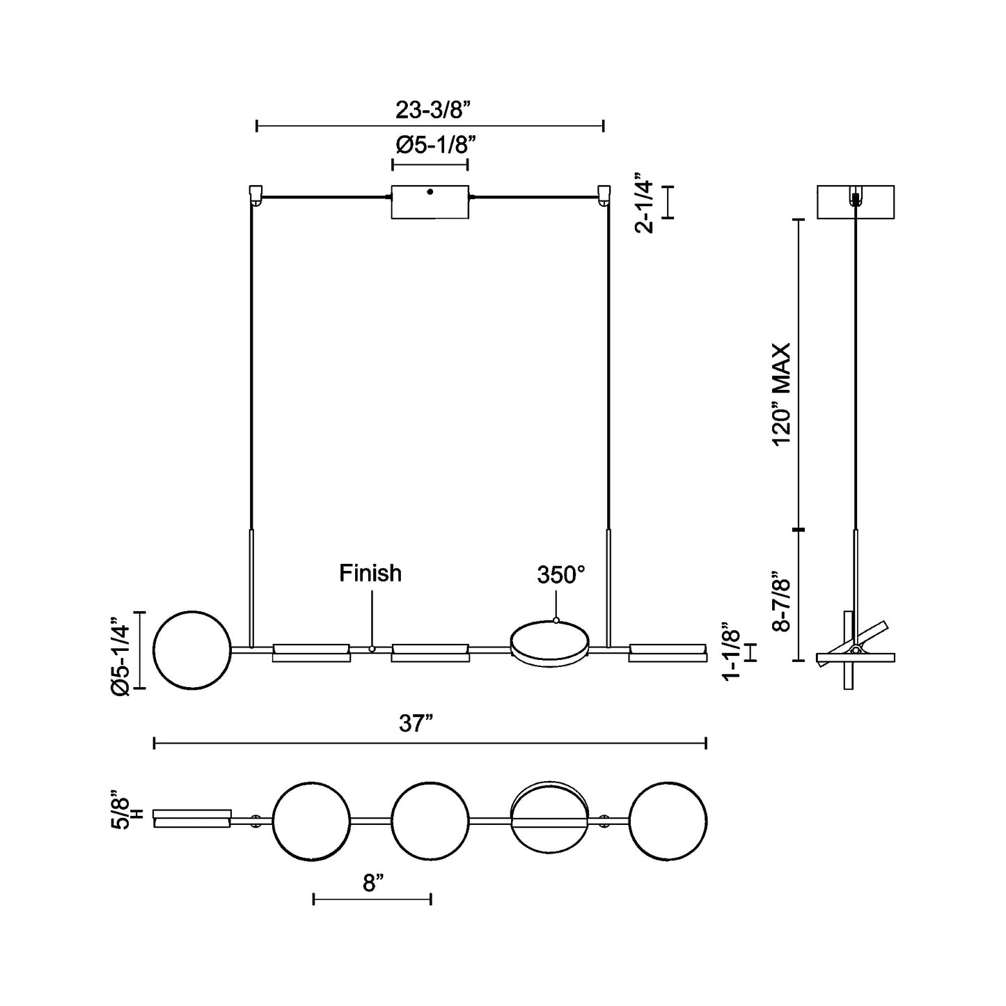 Novel LED Linear Pendant Light - line drawing.
