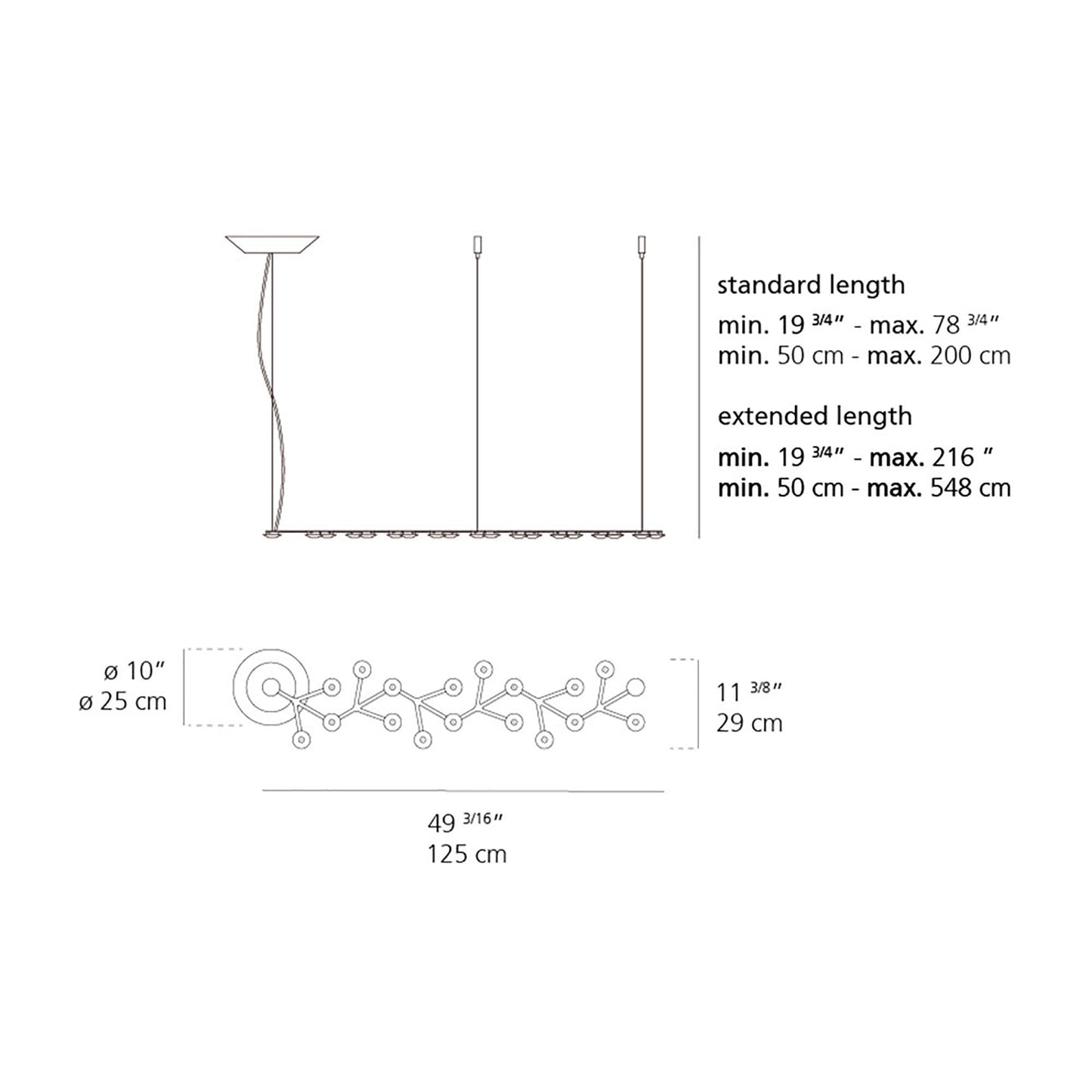 LED Net 125 Linear Suspension Light - line drawing.