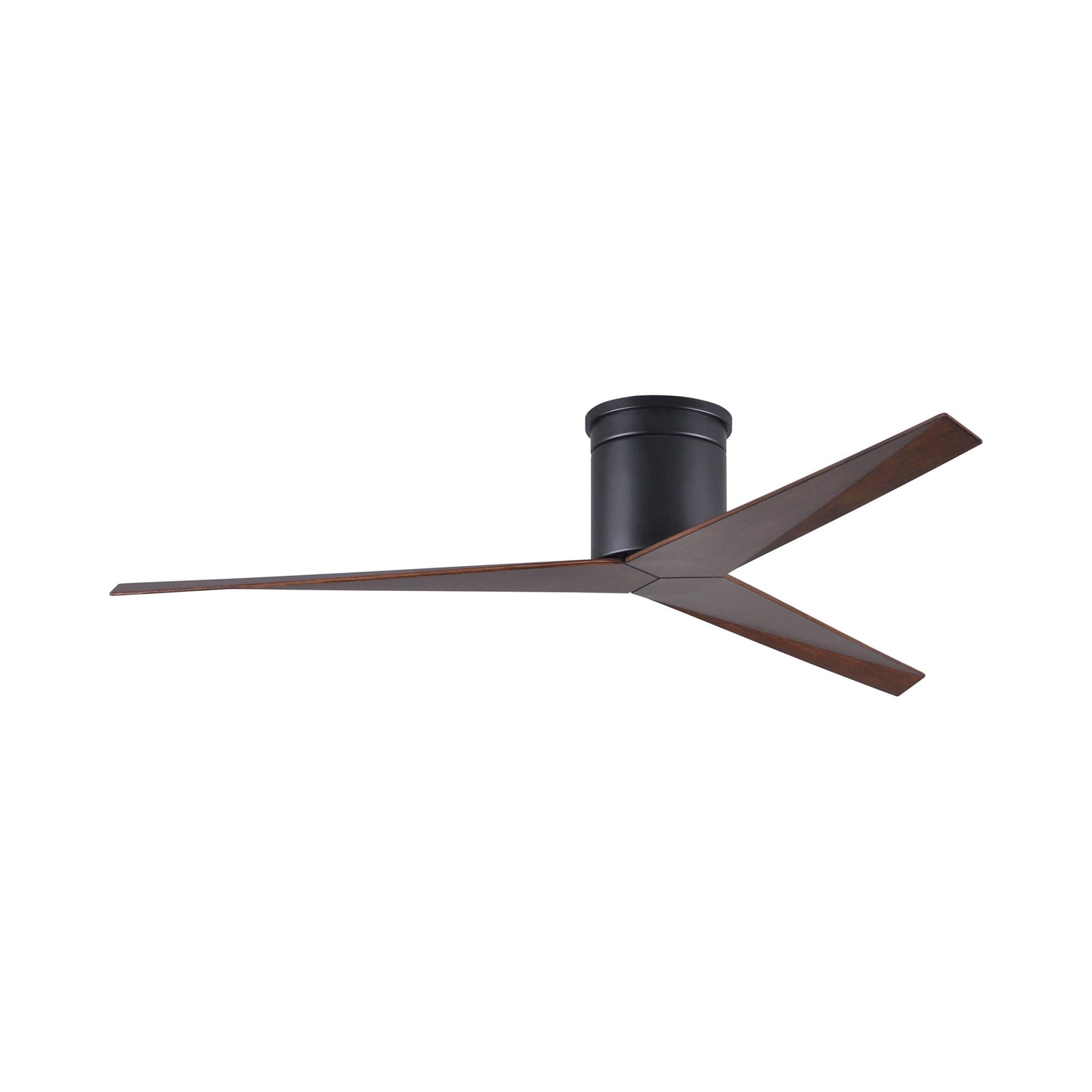 Eliza Outdoor Flush Mount Ceiling Fan in Matte Black/Walnut.
