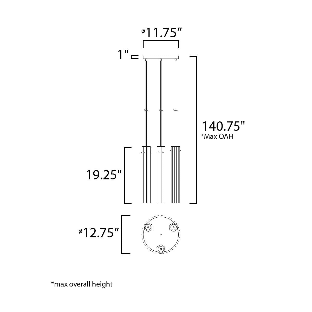 Flambeau 3 Light Pendant Light - line drawing.
