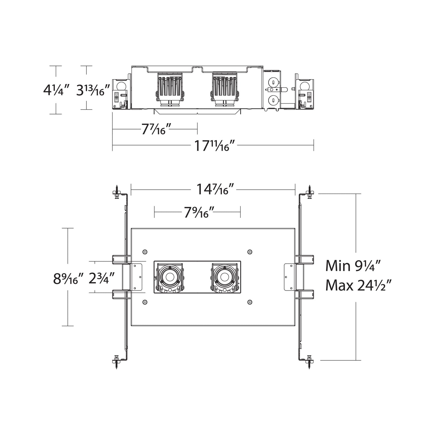 Ocular 2 Inch Multiples 2 Light LED Recessed Housing - line drawing.