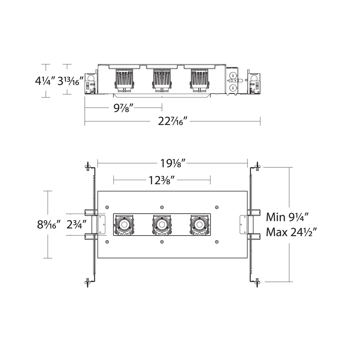 Ocular 2 Inch Multiples 3 Light LED Recessed Housing - line drawing.