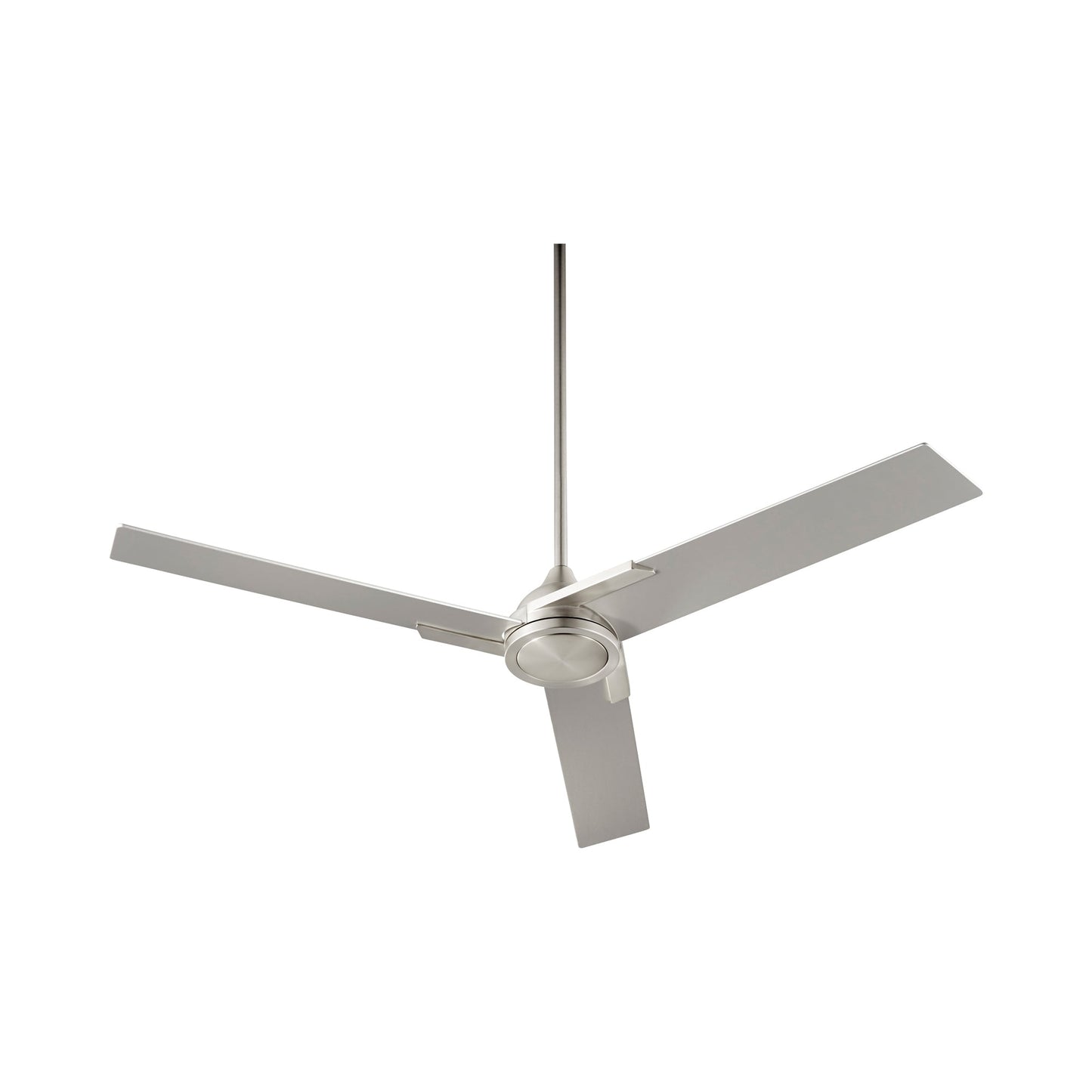 Coda Ceiling Fan in Satin Nickel.