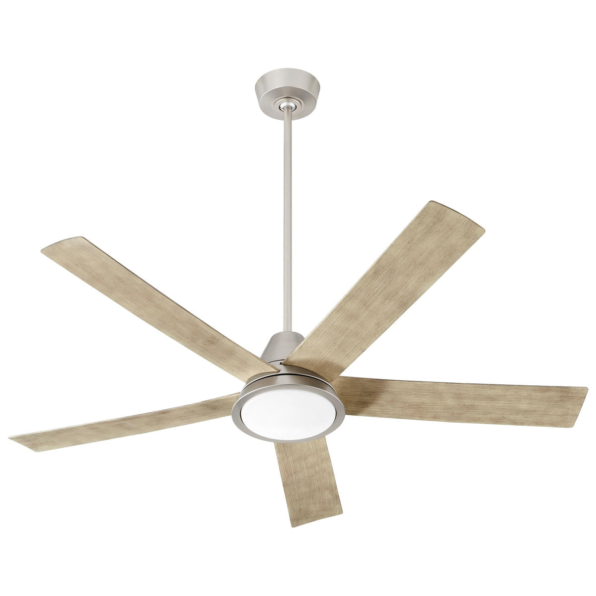 Temple Outdoor LED Ceiling Fan in Satin Nickel.