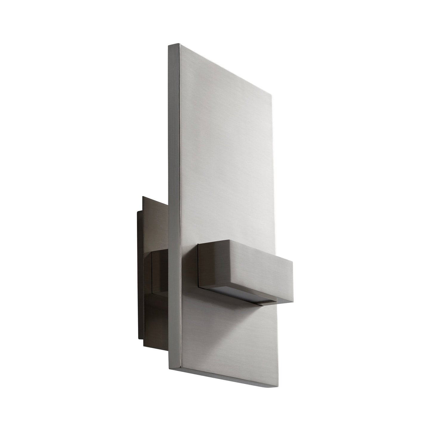 Vela LED Bath Wall Light in Satin Nickel.