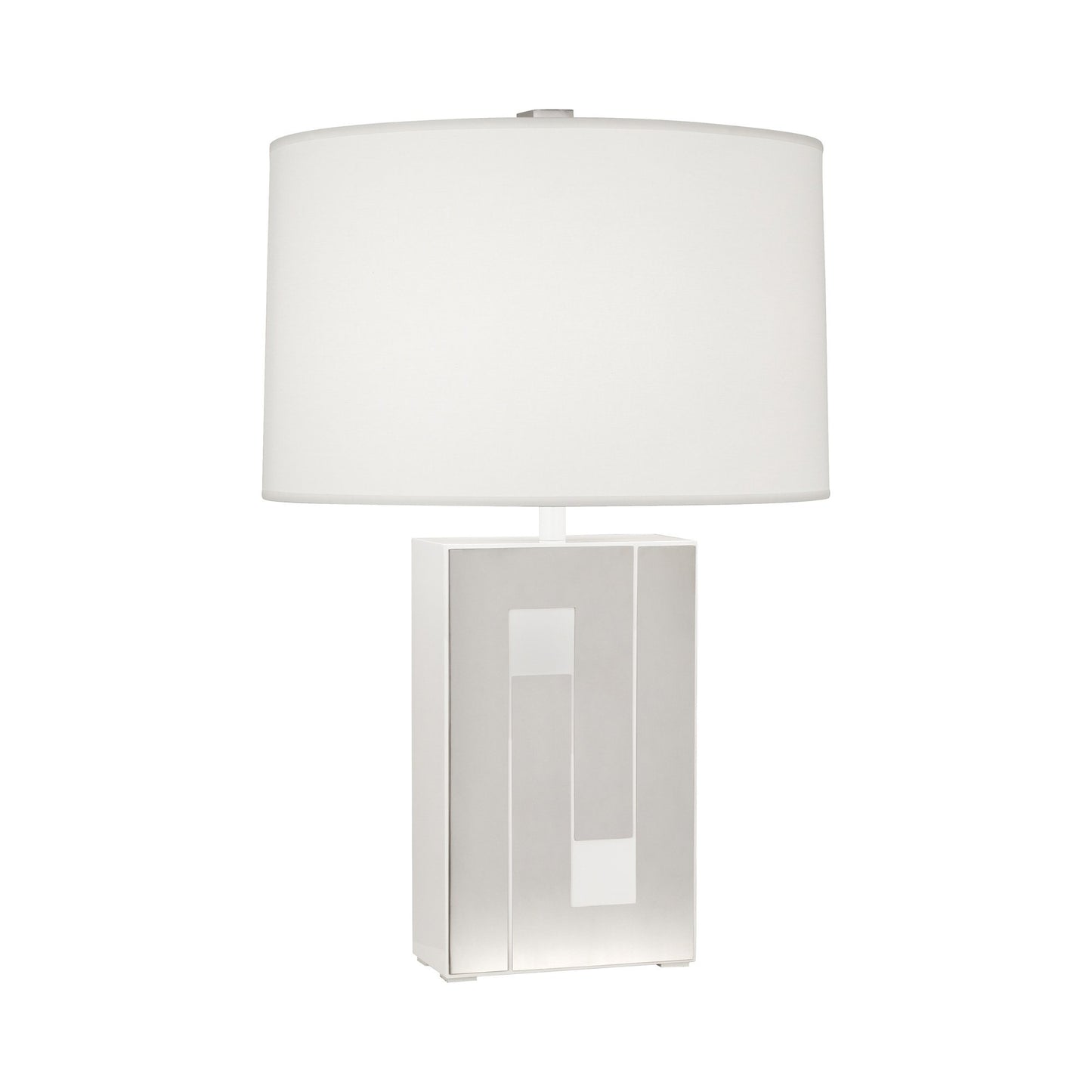 Blox Table Lamp in White Enamel Finish with Polished Nickel Accents.