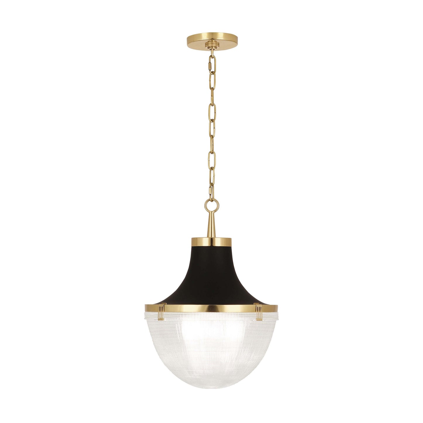 Brighton Pendant Light in Modern Brass Finish with Matte Black Shade Hood.