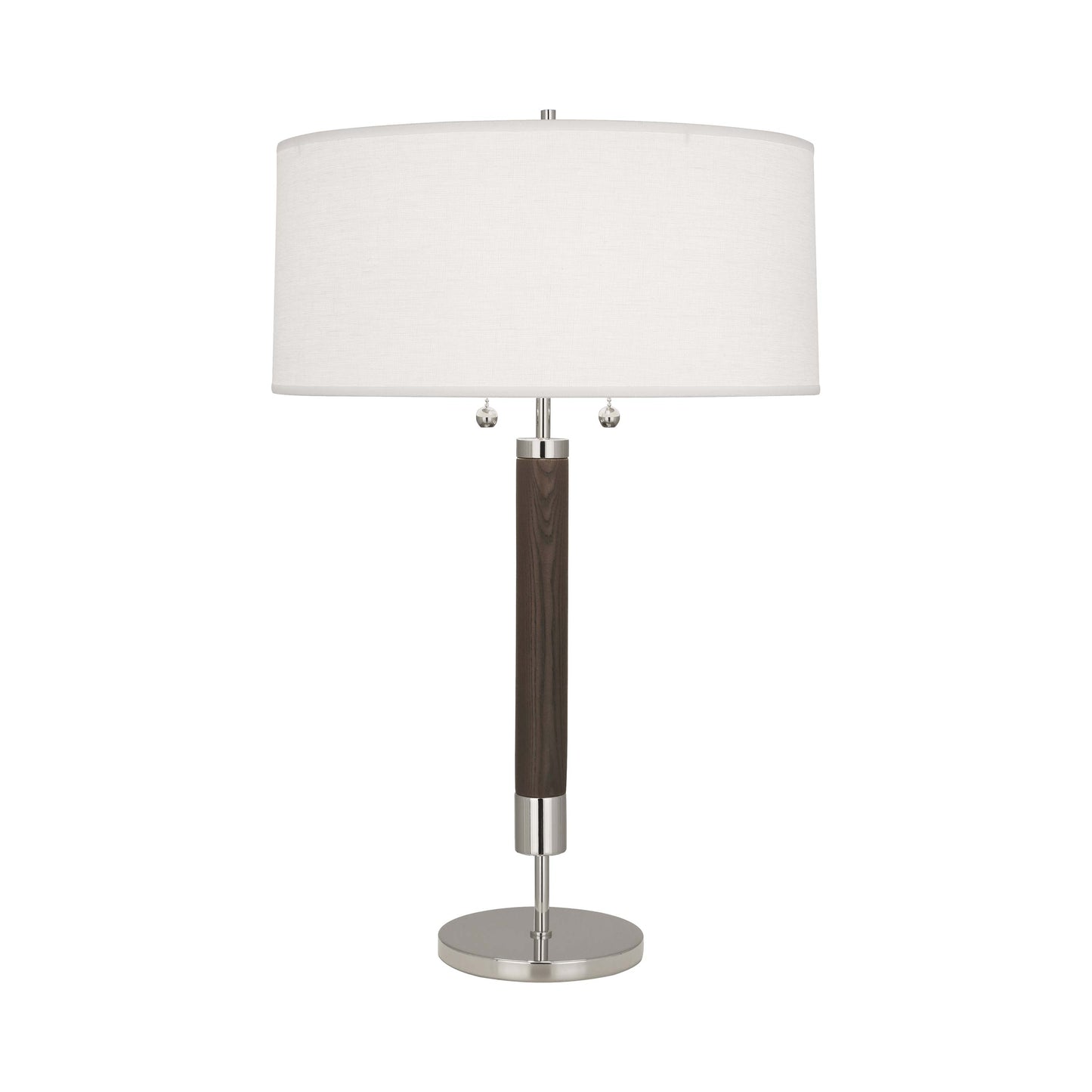 Dexter Table Lamp in Polished Nickel/Dark Walnut.
