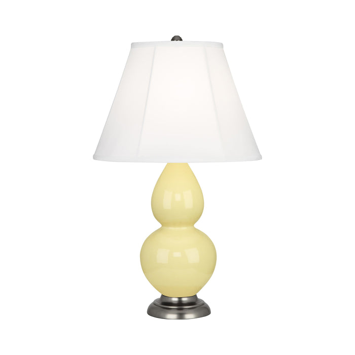 Double Gourd Small Accent Table Lamp in Butter/Silk Stretch/AntiqueSilver.