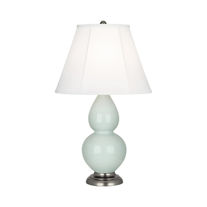 Double Gourd Small Accent Table Lamp in Celadon/Silk Stretch/AntiqueSilver.