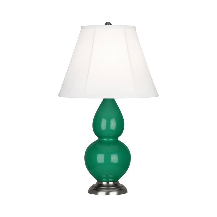 Double Gourd Small Accent Table Lamp in Emerald Green/Silk Stretch/AntiqueSilver.