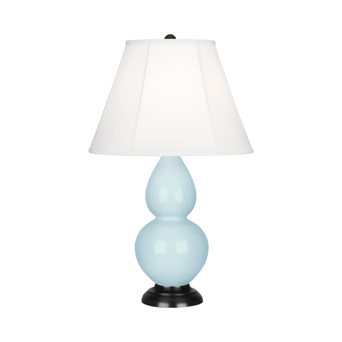 Double Gourd Small Accent Table Lamp with Bronze Base in Baby Blue/Silk Stretch.