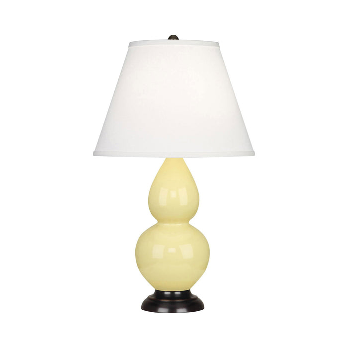 Double Gourd Small Accent Table Lamp with Bronze Base in Butter/Fabric Hardback.
