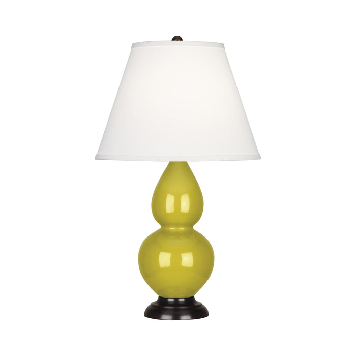 Double Gourd Small Accent Table Lamp with Bronze Base in Citron/Fabric Hardback.