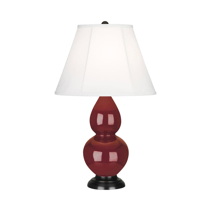 Double Gourd Small Accent Table Lamp with Bronze Base in Oxblood/Silk Stretch.