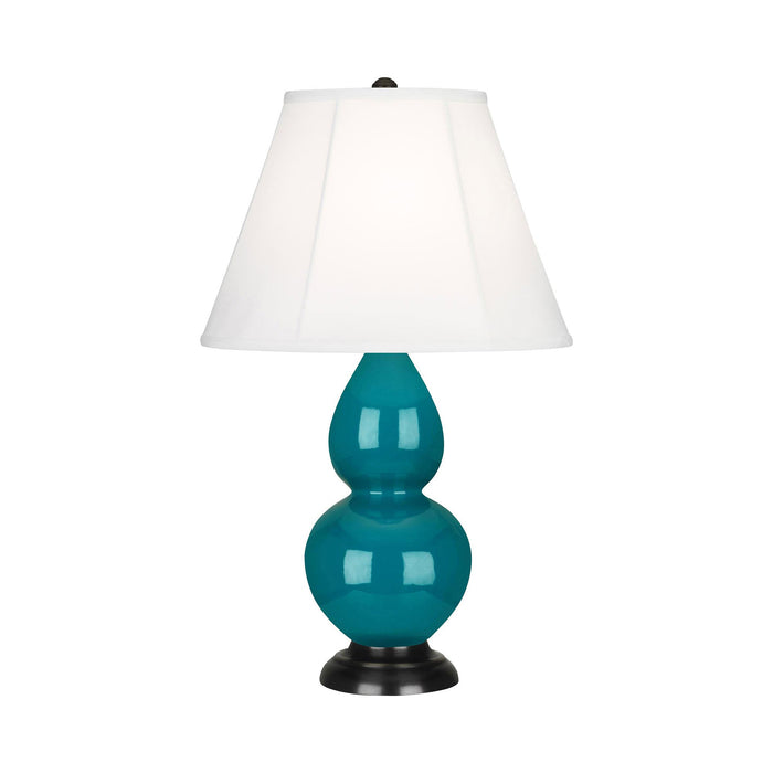 Double Gourd Small Accent Table Lamp with Bronze Base in Peacock/Silk Stretch.