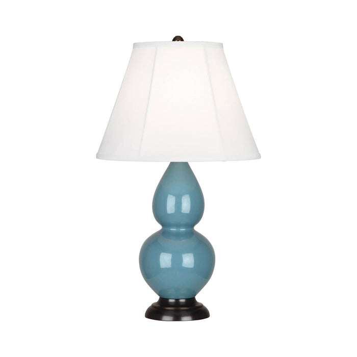 Double Gourd Small Accent Table Lamp with Bronze Base in Steel Blue/Silk Stretch.