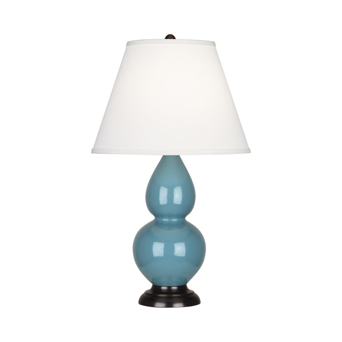 Double Gourd Small Accent Table Lamp with Bronze Base in Steel Blue/Fabric Hardback.