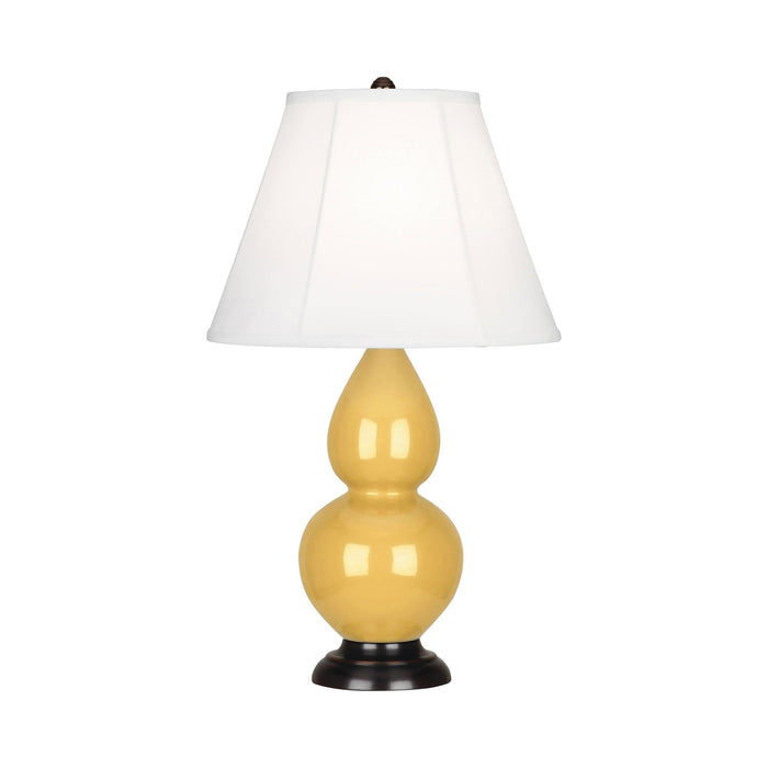 Double Gourd Small Accent Table Lamp with Bronze Base in Sunset Yellow/Silk Stretch.