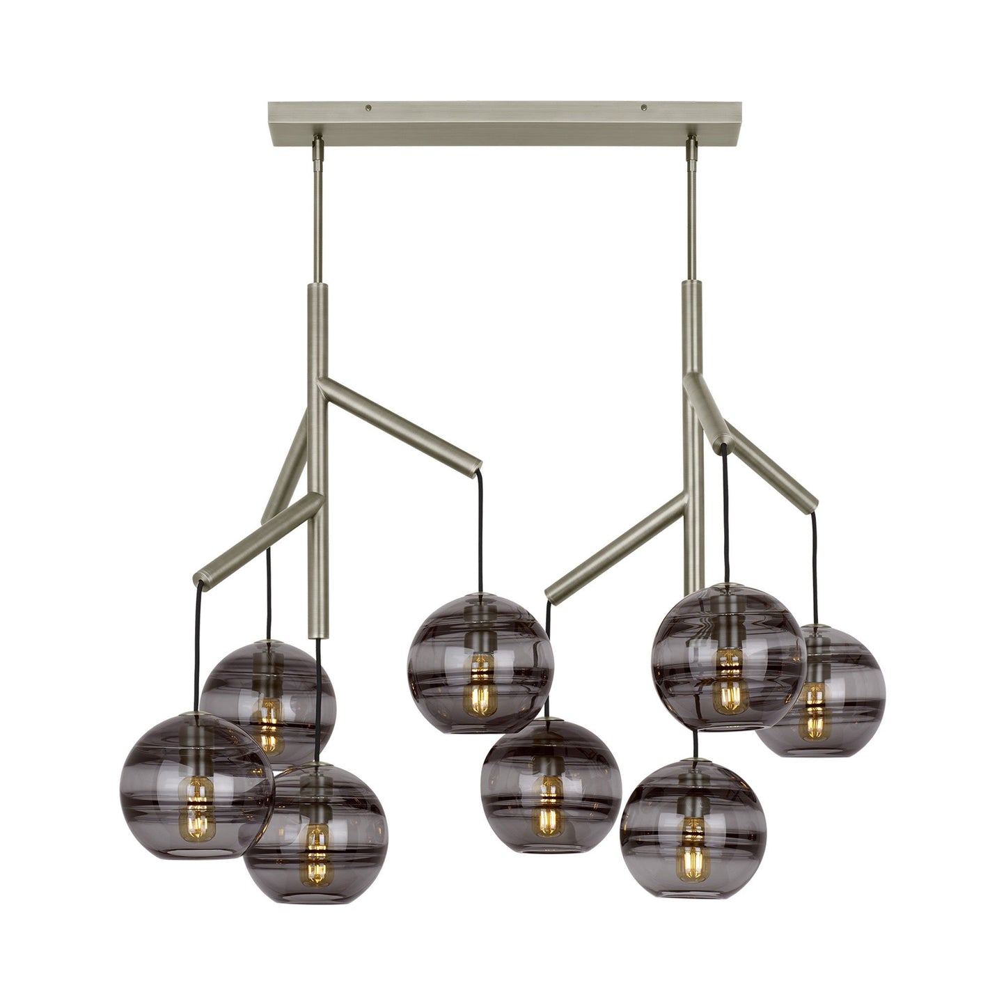 Sedona Double Chandelier in Satin Nickel/Transparent Smoke.