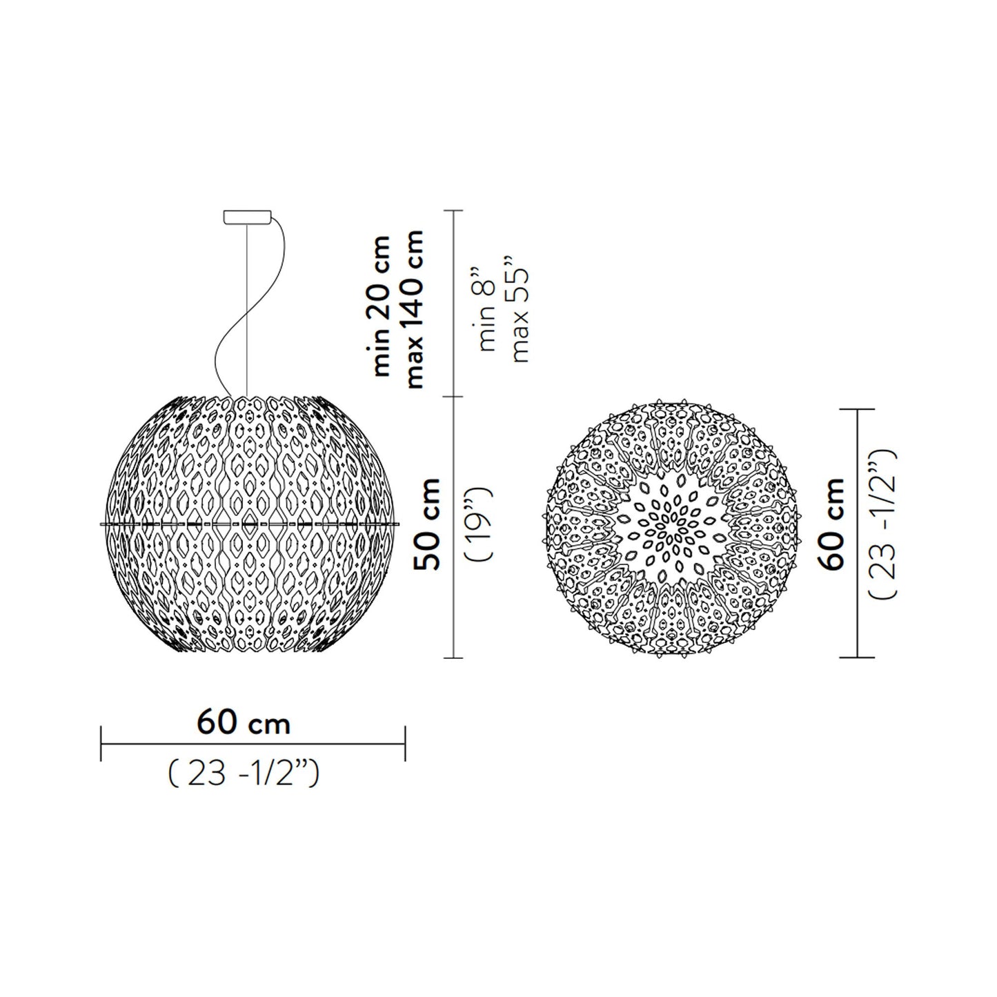 Charlotte Globe LED Pendant Light - line drawing.