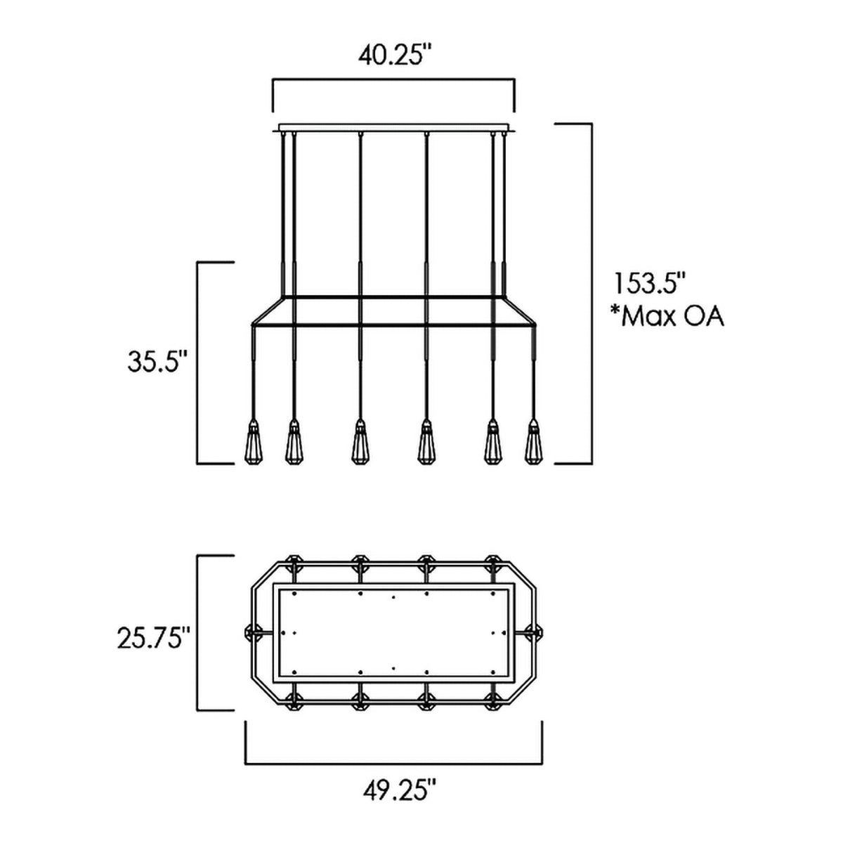 10 Carat LED Rectangular Chandelier - line drawing.