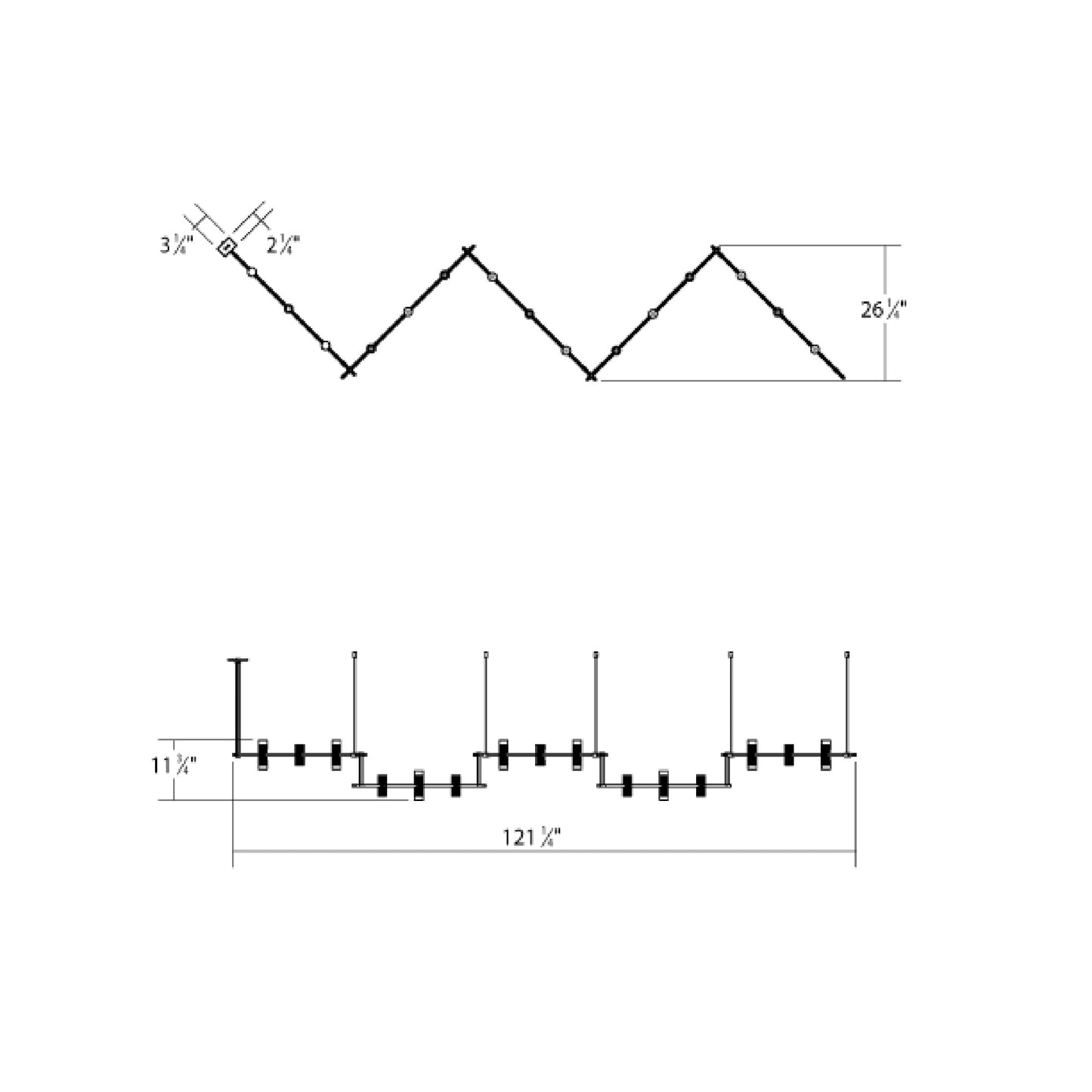 Suspenders® Zig Zag LED Pendant Light with Double Ended Cylinders - line drawing.