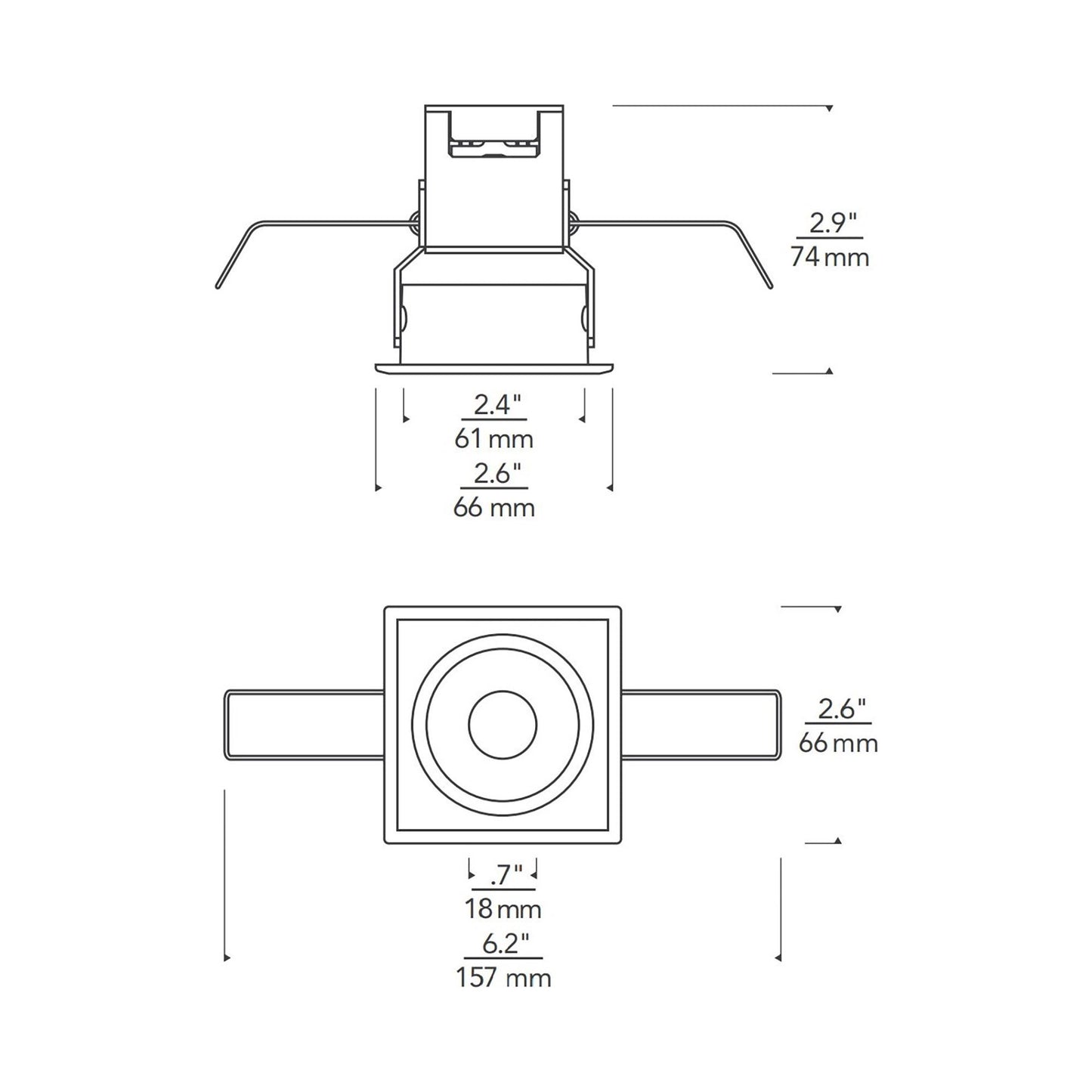 ENTRA Niche 2-Inch Square LED Fixed Downlight Recessed Housing - line drawing.