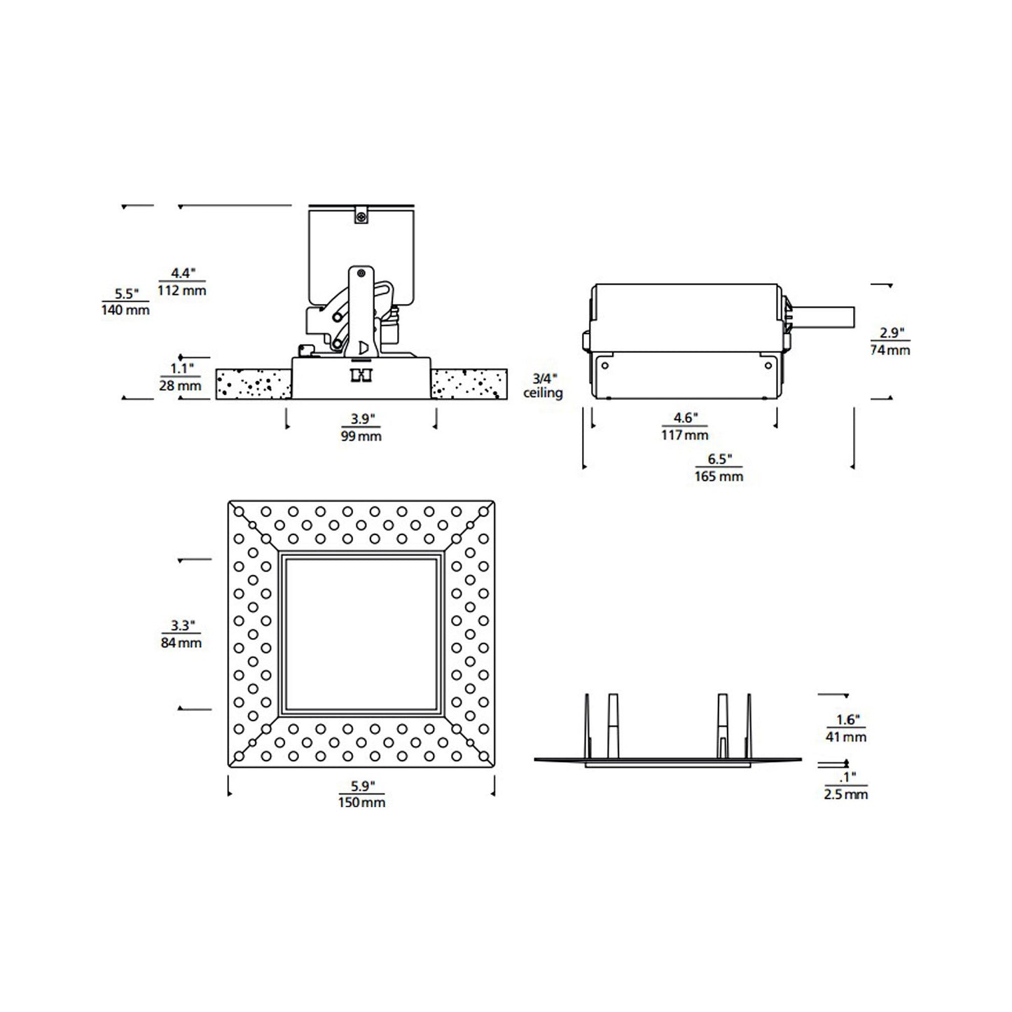 Entra 3-Inch Square Non-IC Rated LED Adjustable and Wall Wash Remodel Recessed Housing - line drawing.