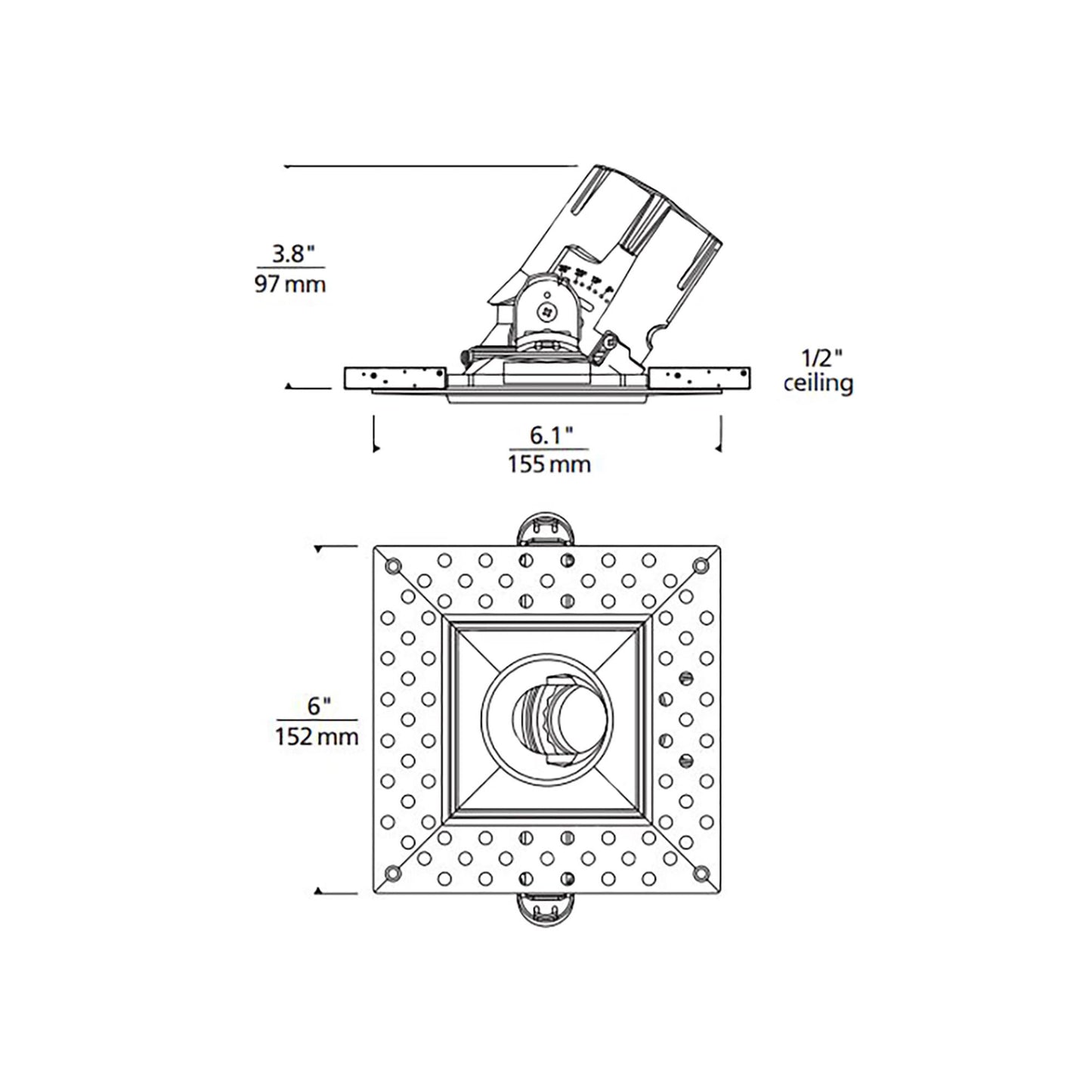 Entra CL 3-Inch Square Non-IC Rated LED Adjustable Remodel Recessed Housing - line drawing.