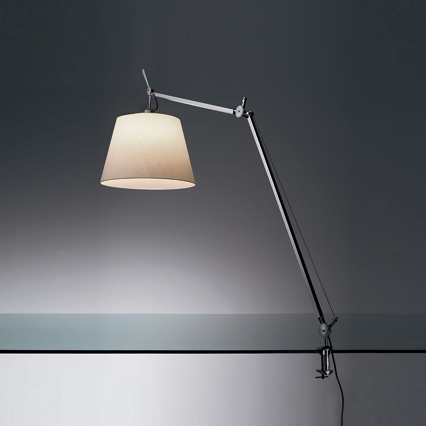 Tolomeo Mega Clamp Table Lamp in Aluminum/Parchment.