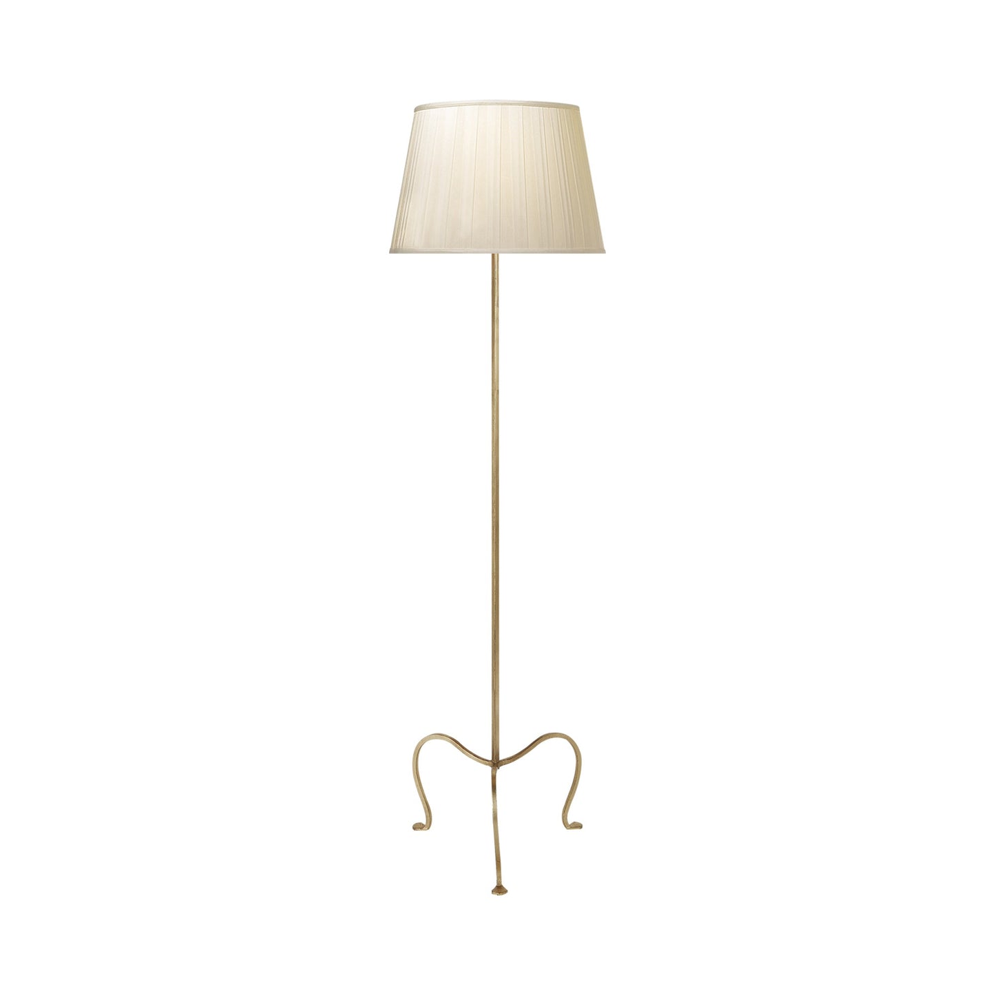 Albert Petite Tri-Leg Floor Lamp in Gilded Iron/Silk Box Pleat.