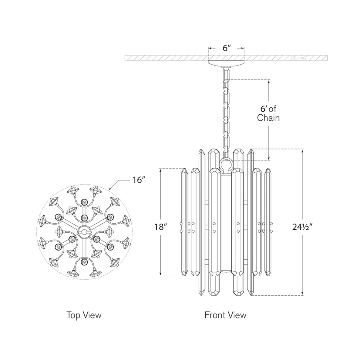 Bonnington Tall Chandelier - line drawing.