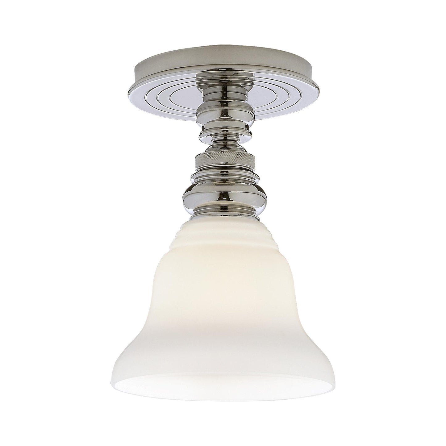 Boston Flush Mount Ceiling Light in Polished Nickel/White Glass Desk Shade.