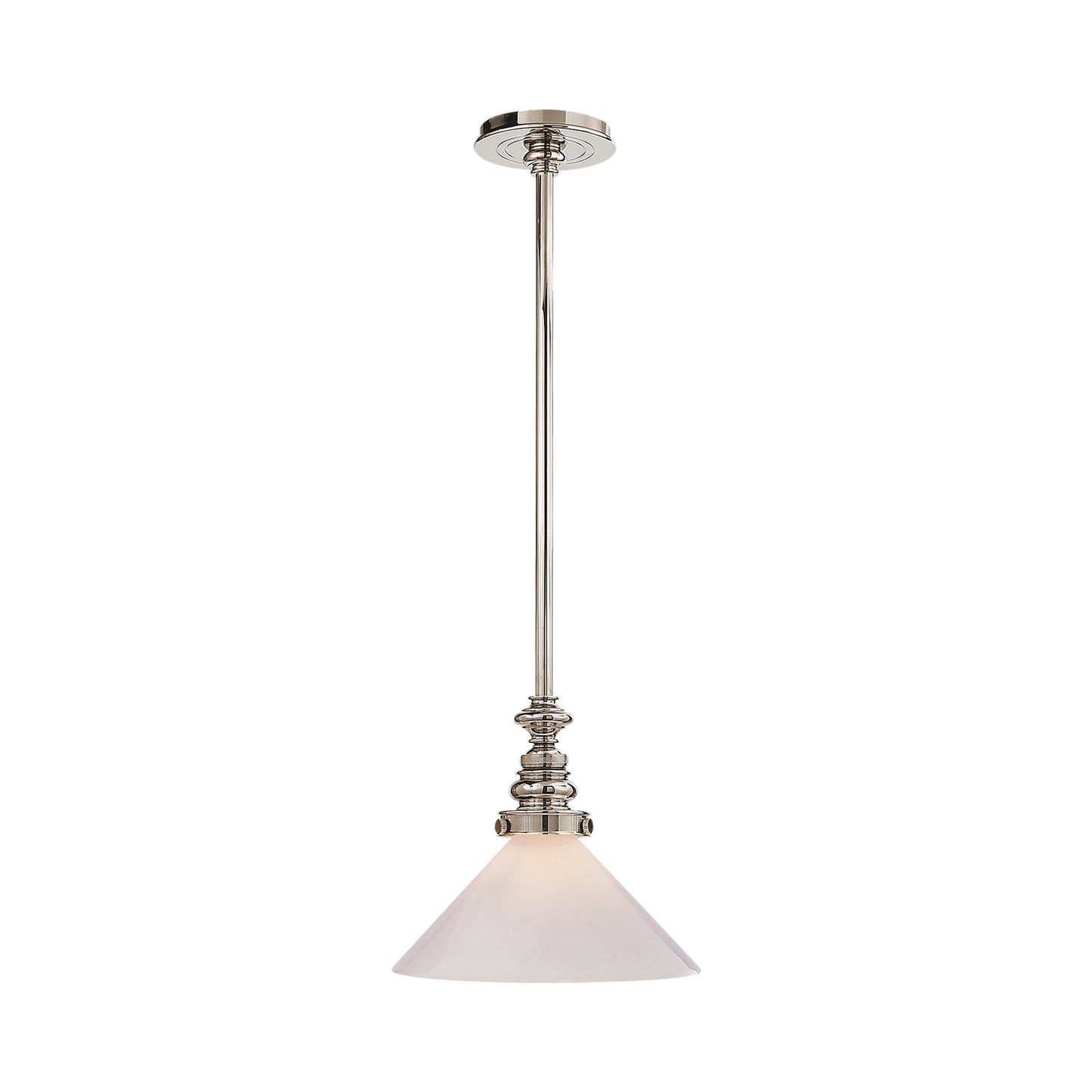Boston Pendant Light in Polished Nickel/White Glass Slant.