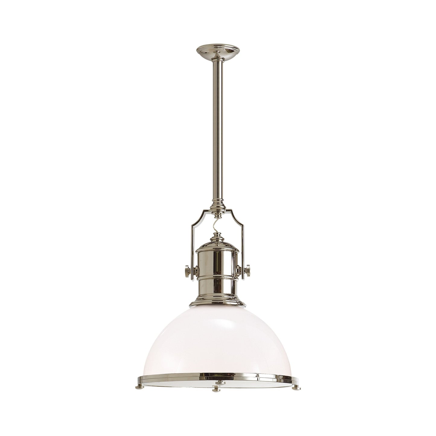 Country Industrial Pendant Light in Polished Nickel/White Glass (Large).