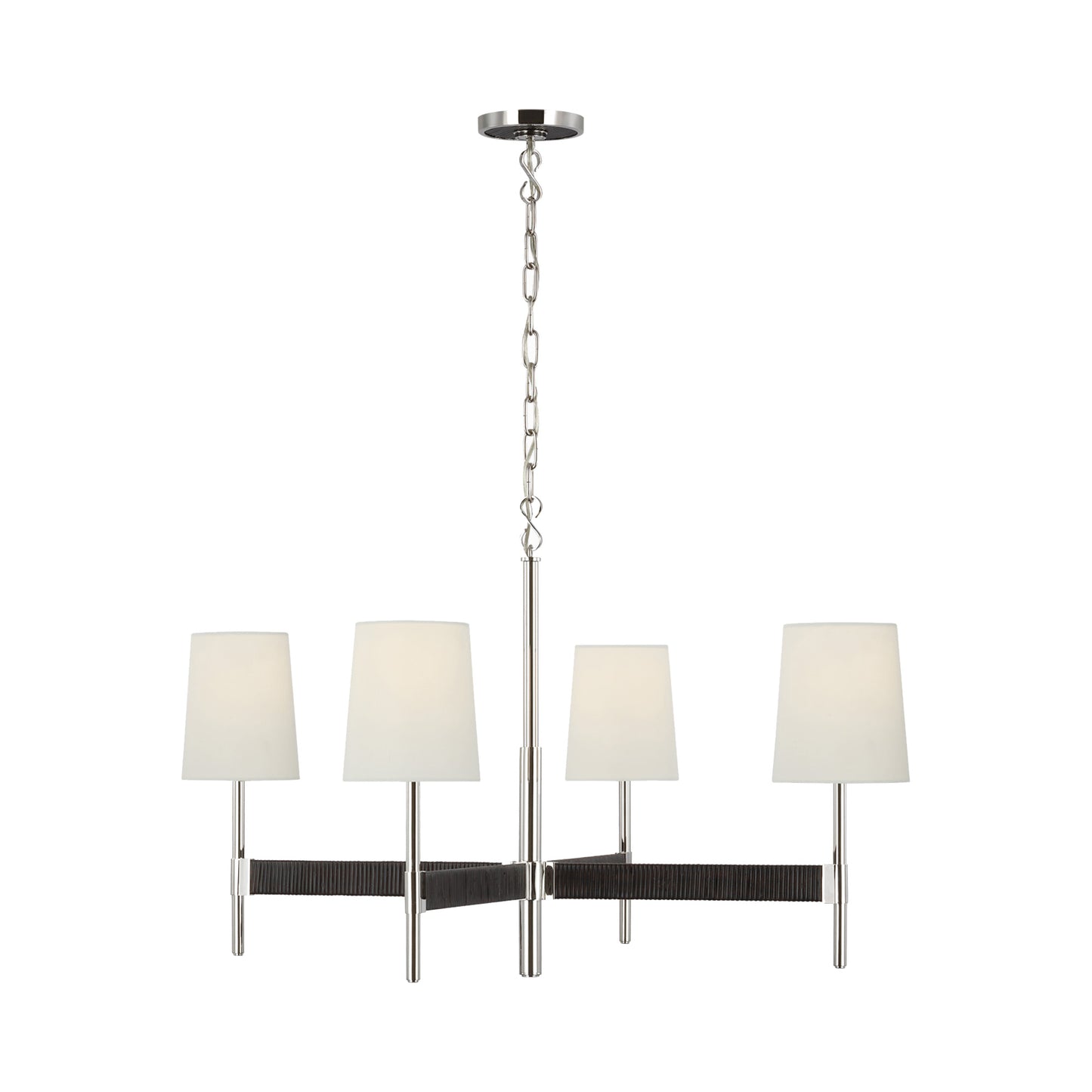 Elle LED Chandelier in Polished Nickel and Black Rattan.