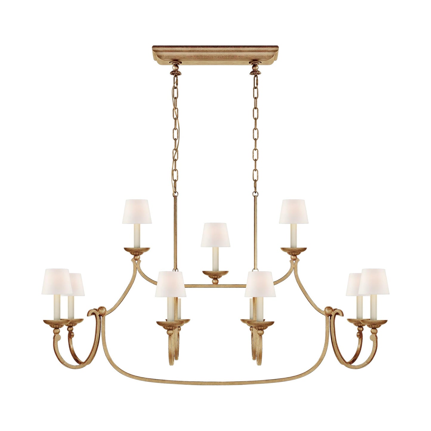 Flemish Linear Pendant Light in Gilded Iron/Linen Shade.