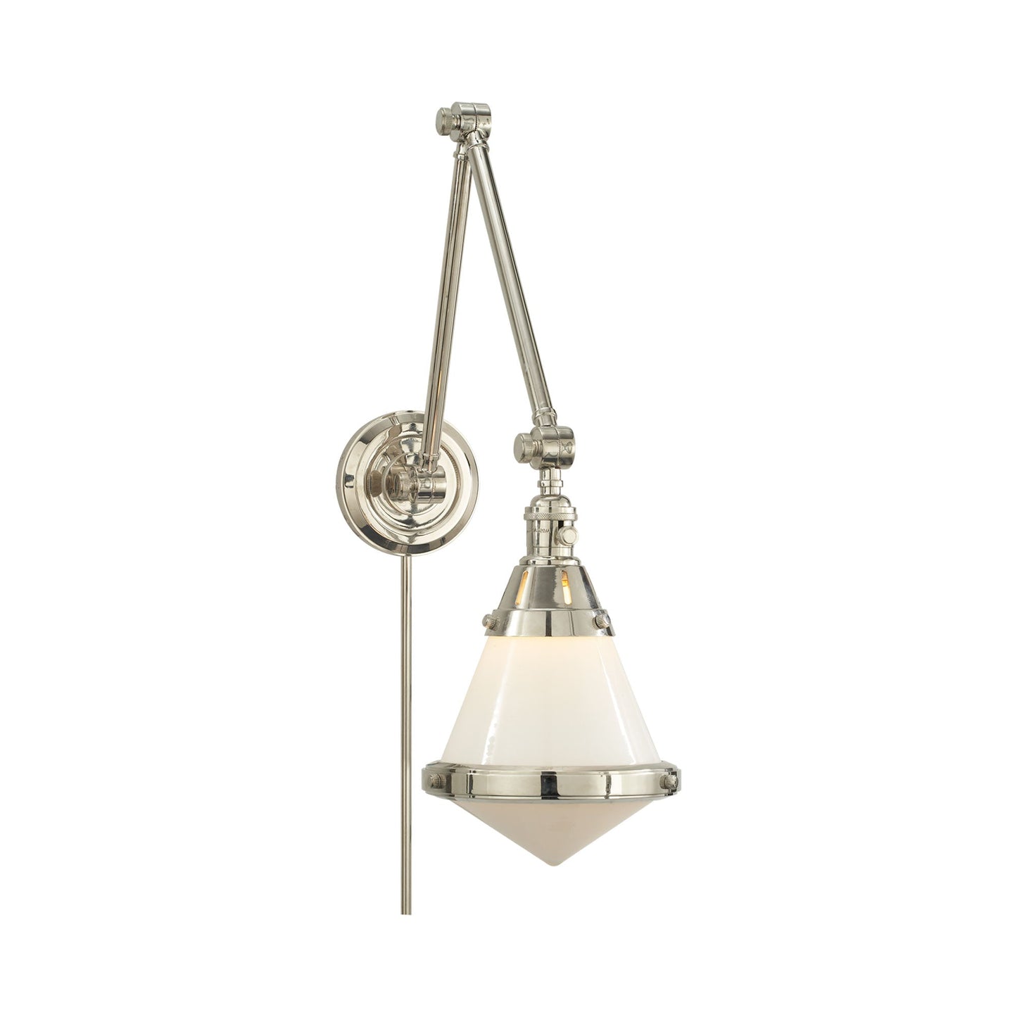 Gale Library Wall Light in Polished Nickel/White Glass.