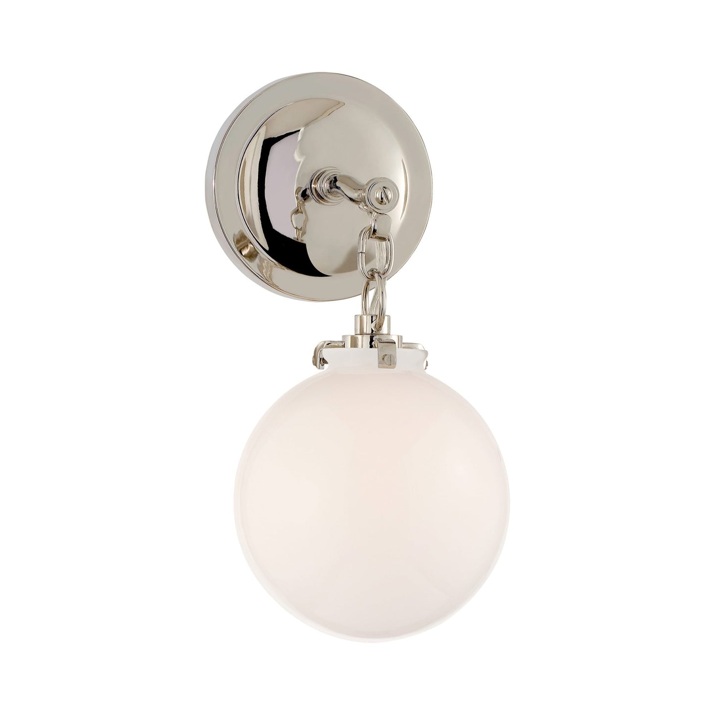Katie Globe Wall Light in Polished Nickel/White Glass.