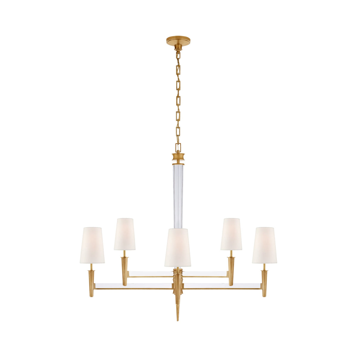 Lyra Chandelier in Hand-Rubbed Antique Brass/Crystal.