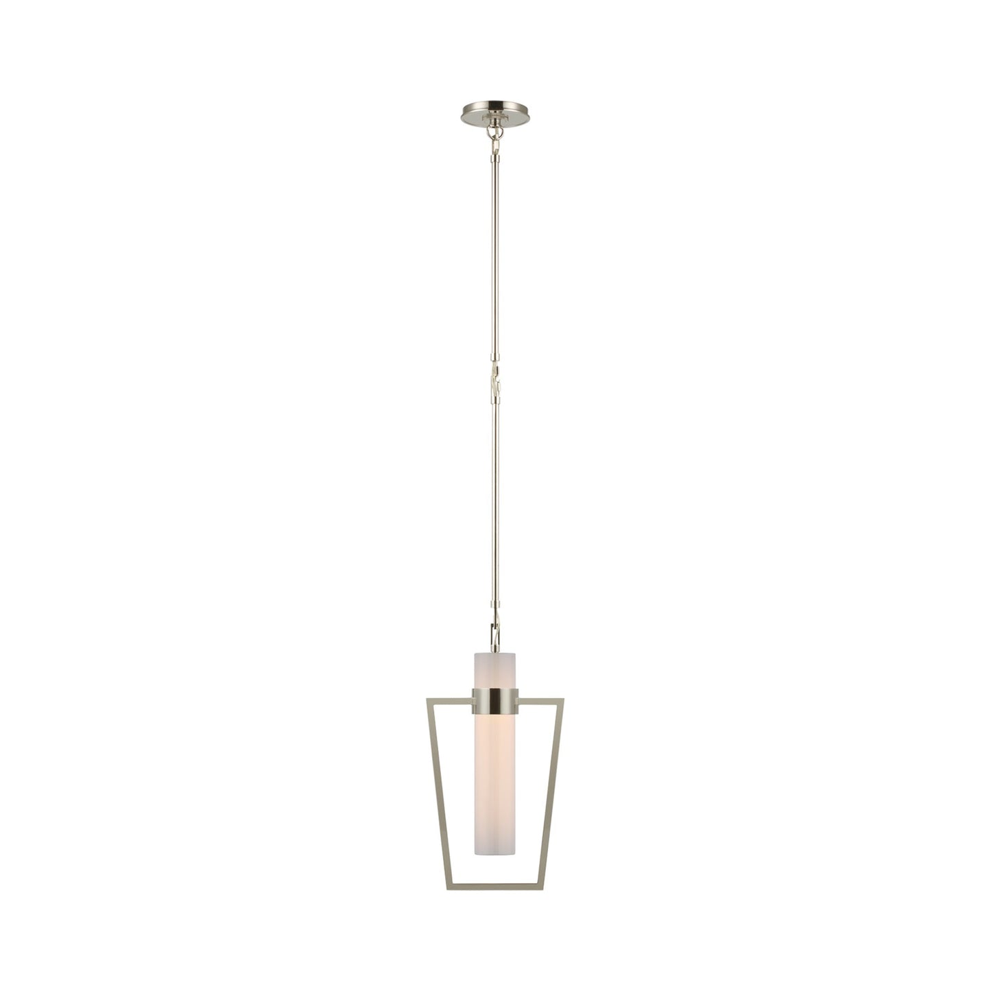 Presidio Caged LED Pendant Light in Polished Nickel/White Glass.