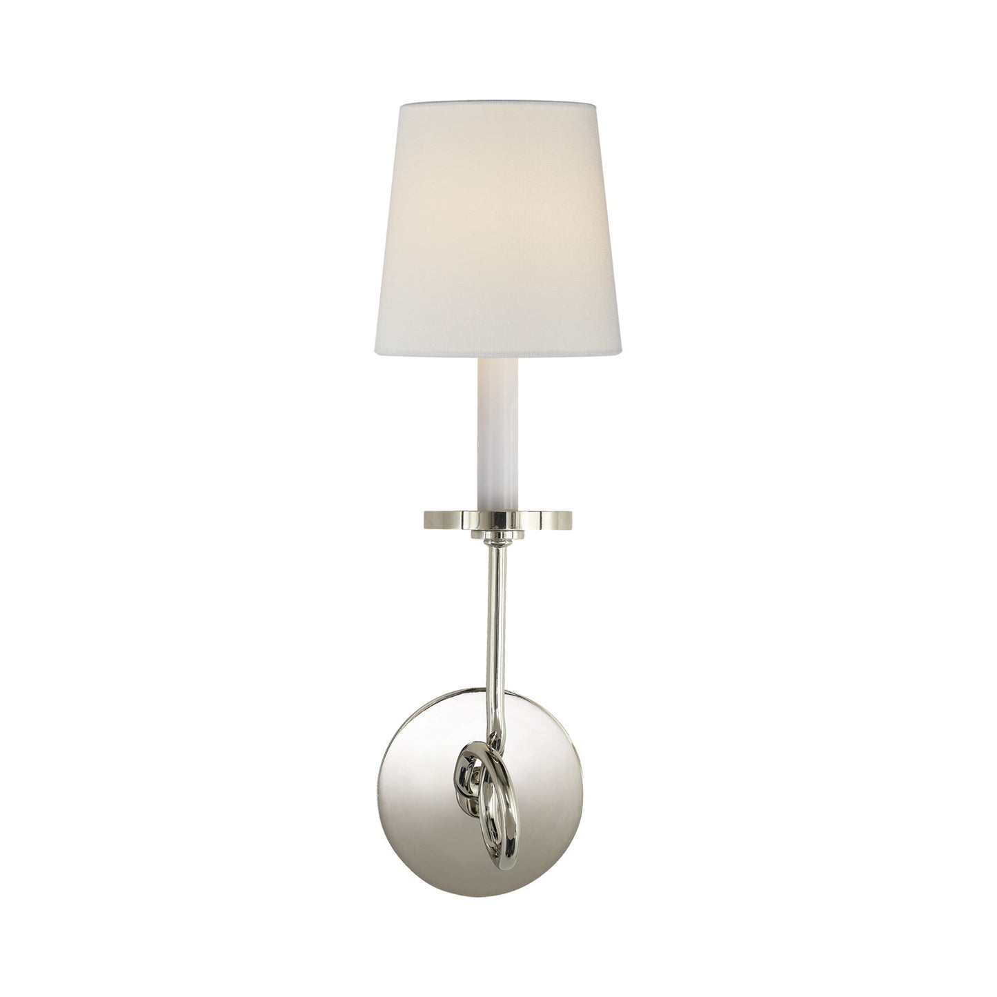Symmetric Twist Wall Light in Polished Nickel/Linen.