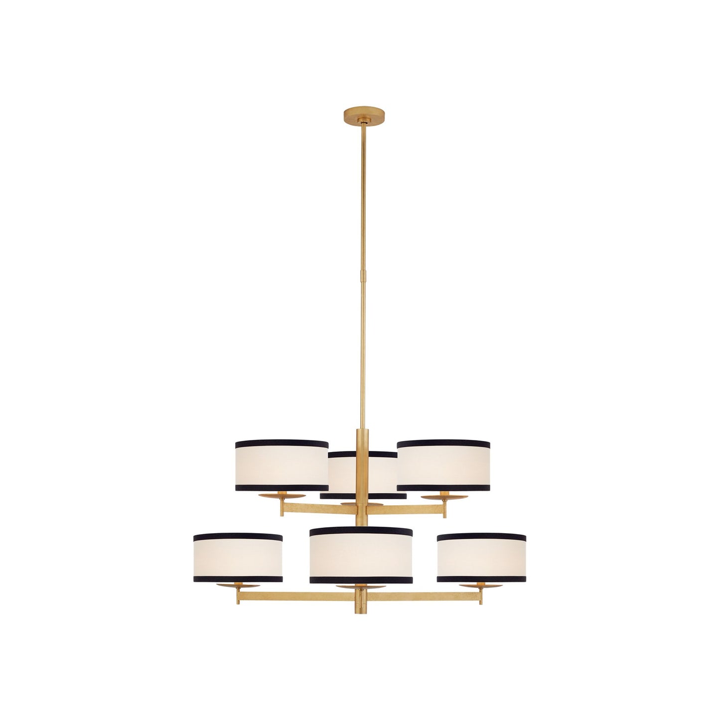 Walker Two Tier Chandelier in Gild/Cream Linen/Black Linen Trim.