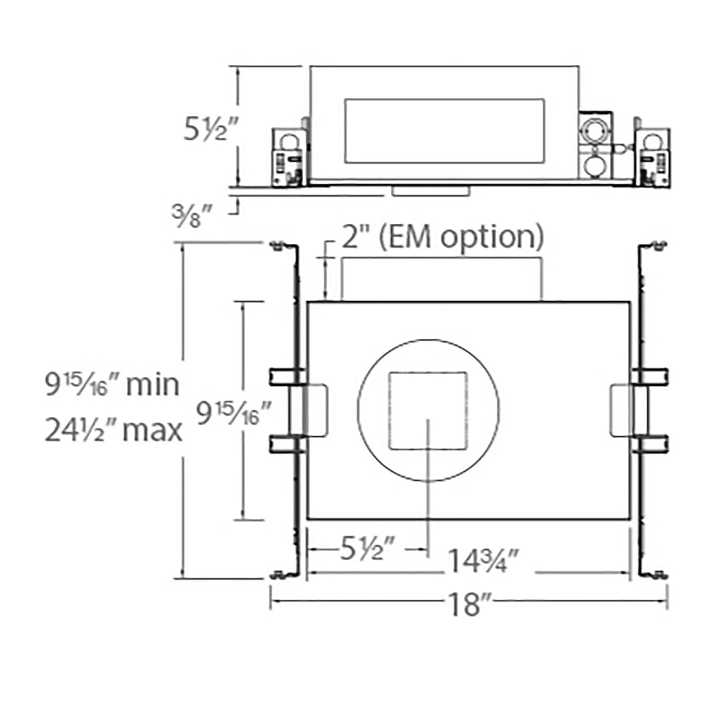 Volta 2 Inch Square Invisible Trim New Construction Recessed Housing - line drawing.