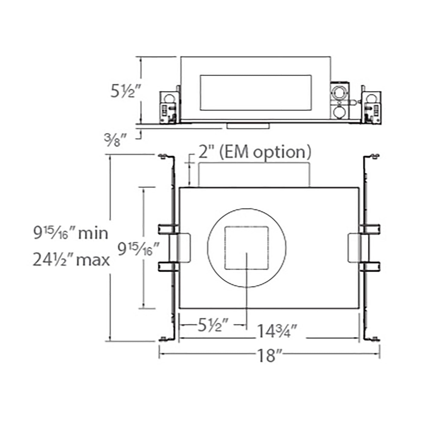 Volta 2IN Square New Construction Recessed Housing - line drawing.