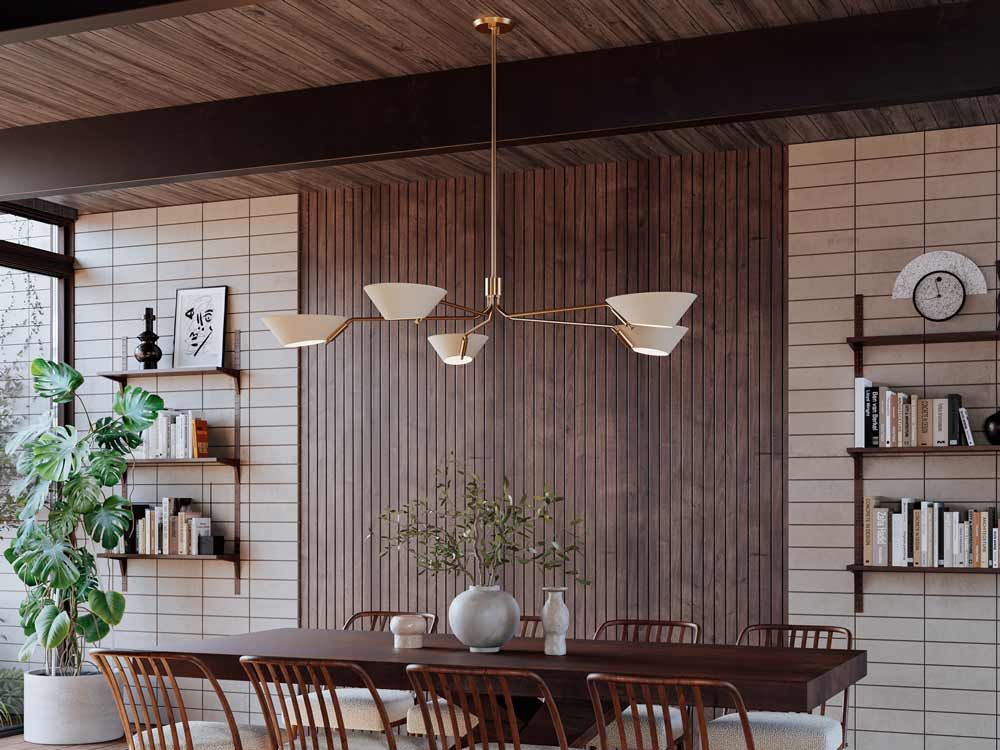 Large chandelier above a dining table